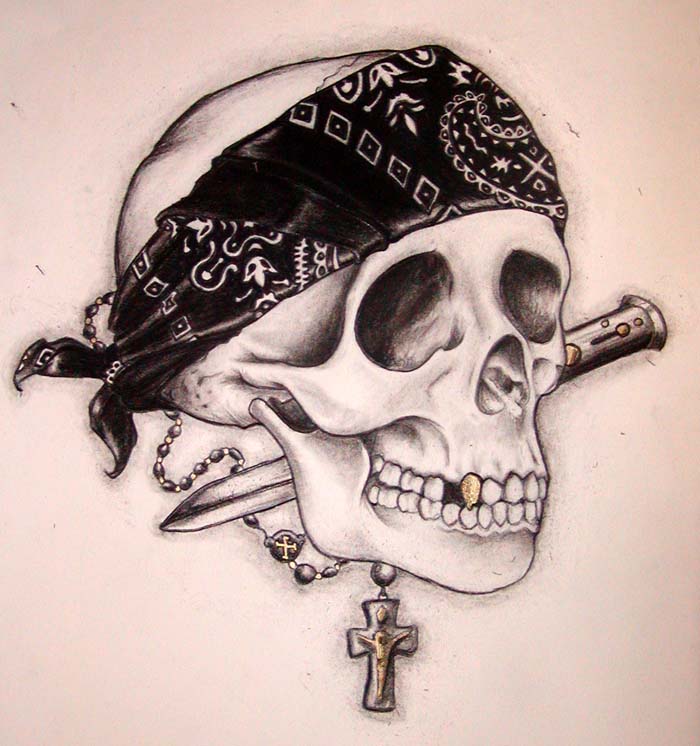 Mexican Gangster Skull With Dagger And Rosary Cross Tattoo Design