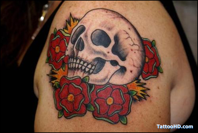 Mexican Gangster Skull With Flowers Tattoo Design For Shoulder
