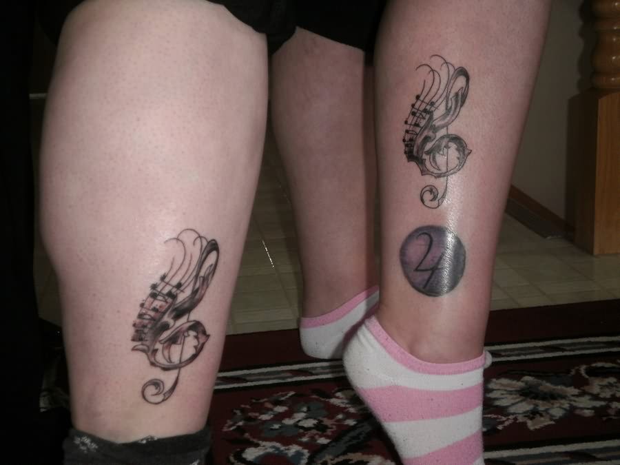 Music Violin Key Friendship Tattoos On Leg