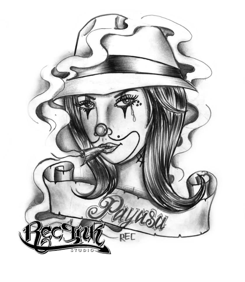 Smoking Gangster Clown Girl With Banner Tattoo Design