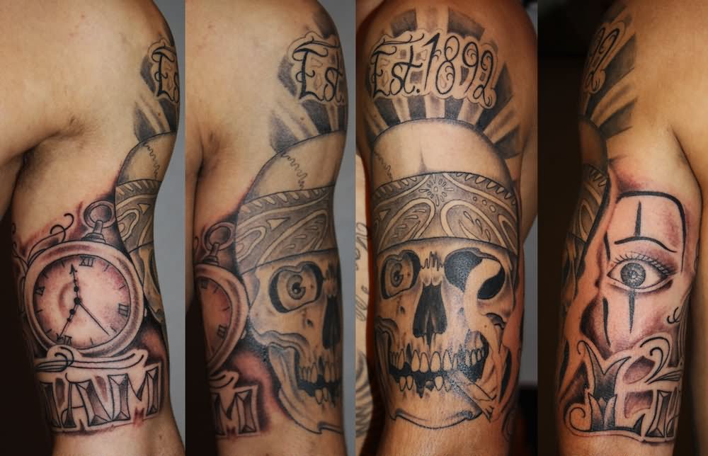 Smoking Gangster Skull With Pocket Watch Tattoo Design For Half Sleeve By Rickey