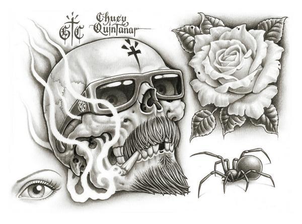 Smoking Gangster Skull With Rose And Spider Tattoo Design