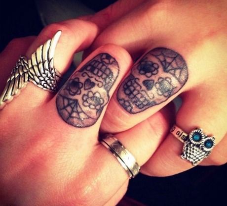 Sugar Skull Friendship Tattoo On Fingers