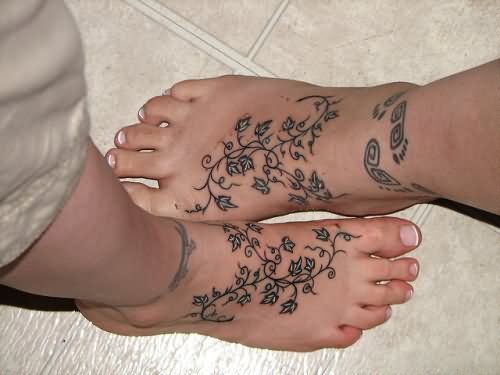 Vine Flowers Friendship Tattoos On Feet