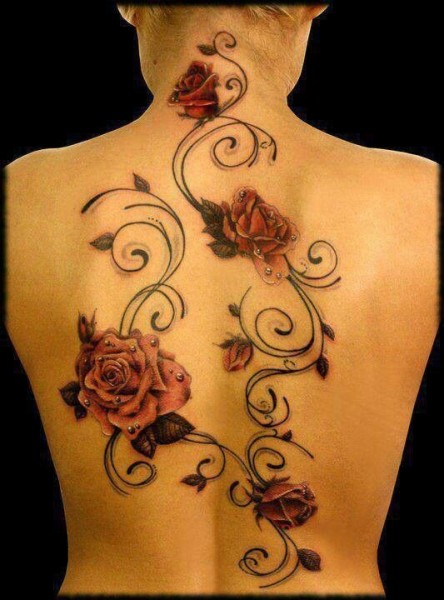 3D Roses With Vine Tattoo On Full Back