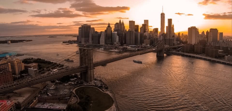 Aerial View Of The Brooklyn Bridge At Sunset