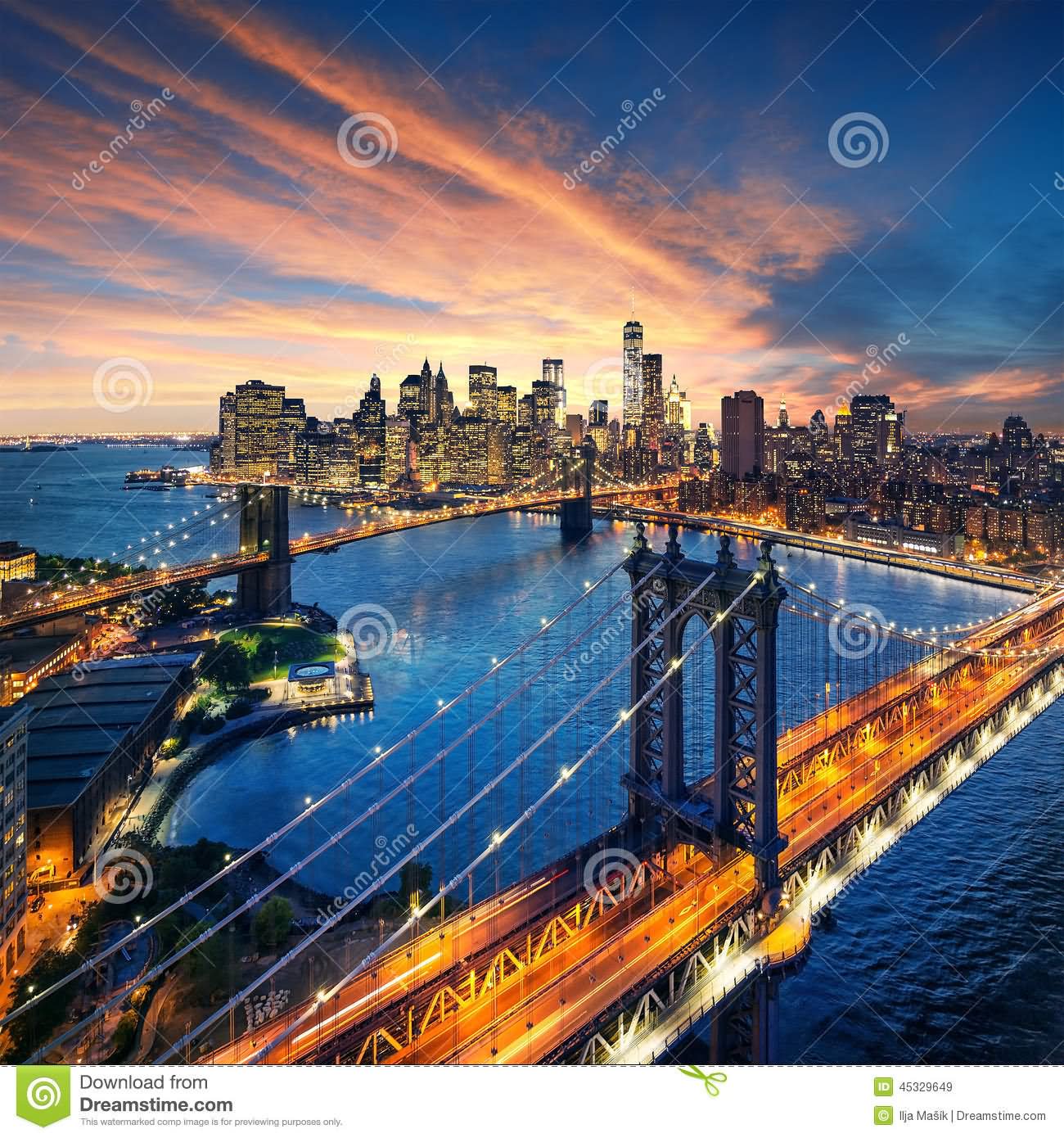 Aerial View Of The Brooklyn Bridge At The Time Of Sunset