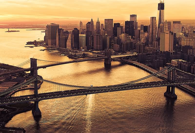 Amazing Aerial View Of The Brooklyn Bridge At Sunset Time