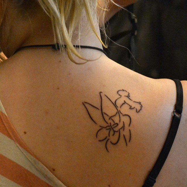 Amazing Black Outline Tinkerbell Tattoo On Girl Right Back Shoulder