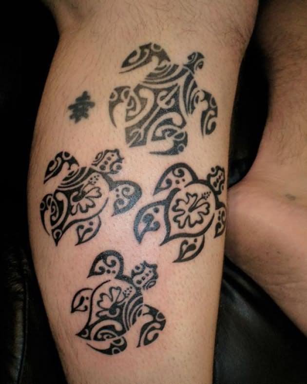 Amazing Four Hawaiian Turtle Tattoo On Leg Calf