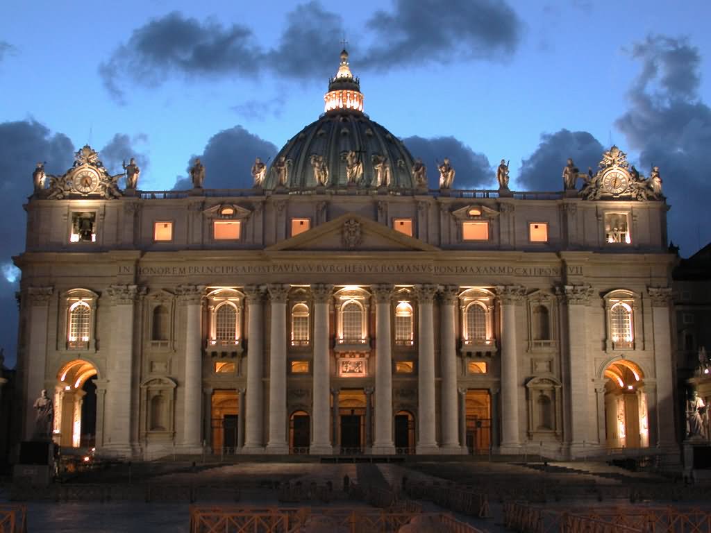 Amazing Front View Of St. Peter's Basilica At Night