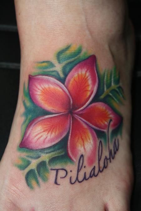 Amazing Hawaiian Flower Tattoo On Foot
