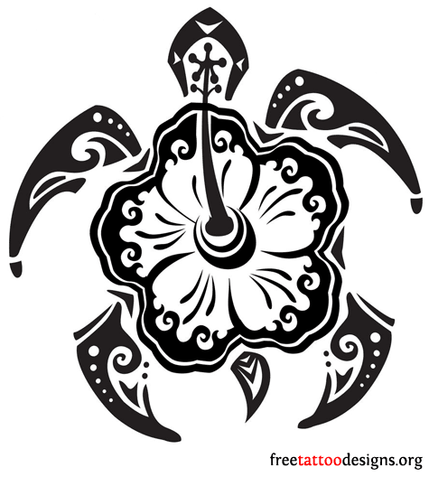 Amazing Hawaiian Flower Turtle Pattern Tattoo Stencil