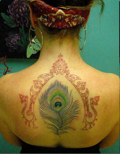 Amazing Hippie Peacock Feather Tattoo On Girl Upper Back