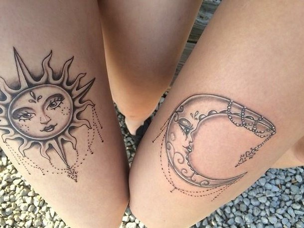 Amazing Hippie Sun And Half Moon Tattoo Design For Thigh