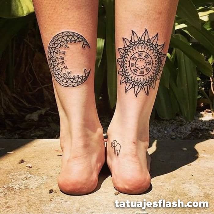 Amazing Hippie Sun And Half Moon Tattoo On Both Leg