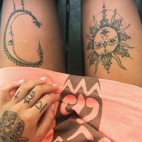 Amazing Hippie Sun And Half Moon Tattoo On Both Thigh
