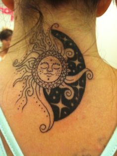 Amazing Hippie Sun Tattoo Design For Back Neck