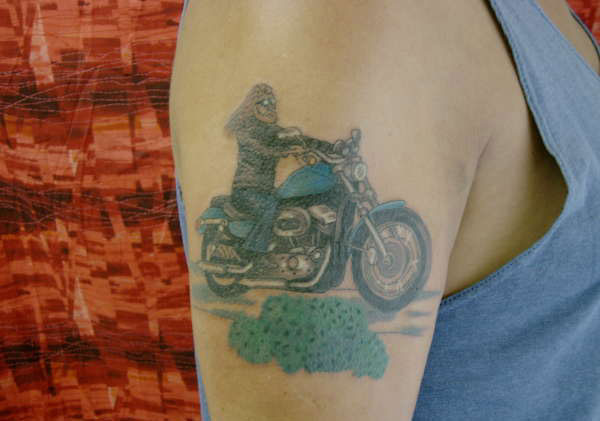 Amazing Motorbike Tattoo On Right Shoulder