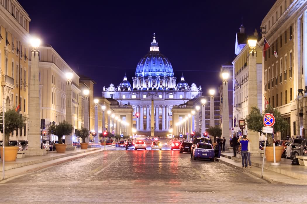 Amazing Night View Of St. Peter's Basilica Street