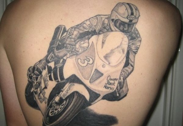 Amazing Racer Motorbike Tattoo On Back