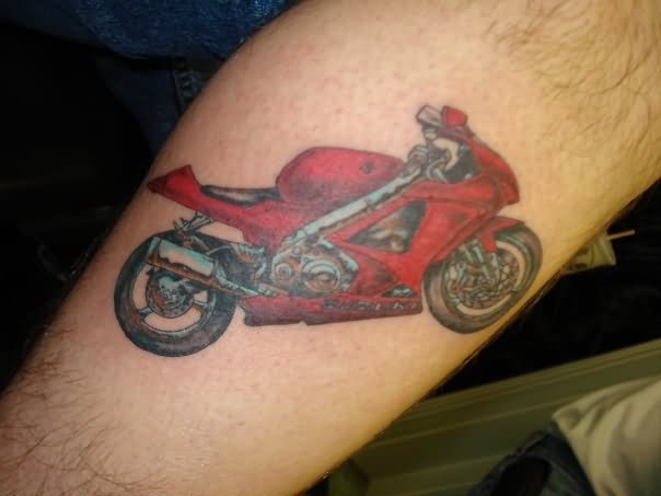 Amazing Red Motorbike Tattoo On Leg