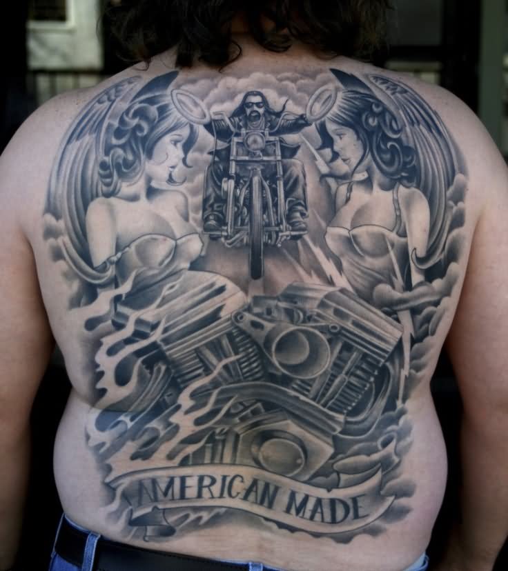 American Made Motorcycle Tattoo On Full Back