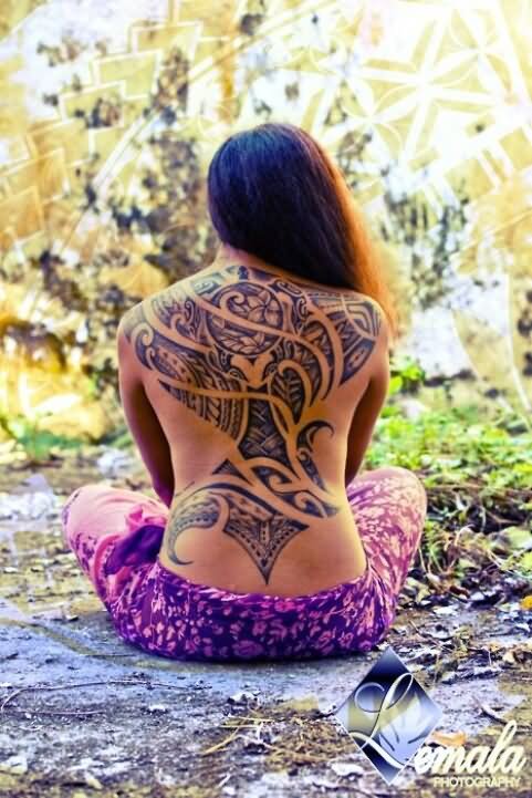 Ancient Hawaiian Design Tattoo On Girl Full Back