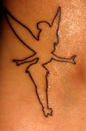 Attractive Black Outline Tinkerbell Tattoo Design