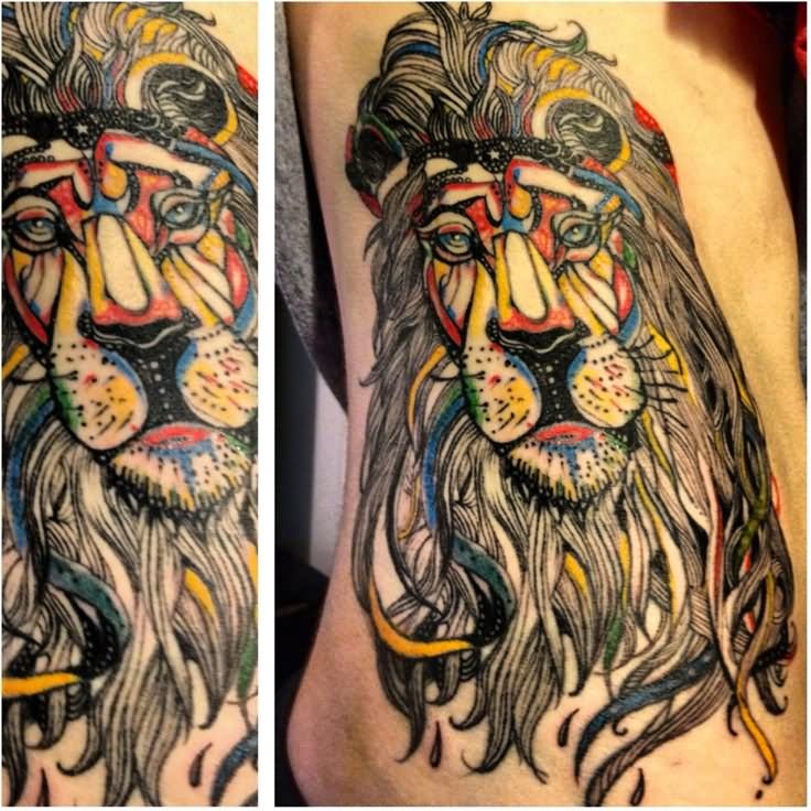 Awesome Hippie Lion Tattoo Design For Side Rib