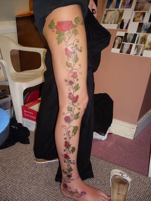 Awesome Rose Vine Tattoo On Right Leg