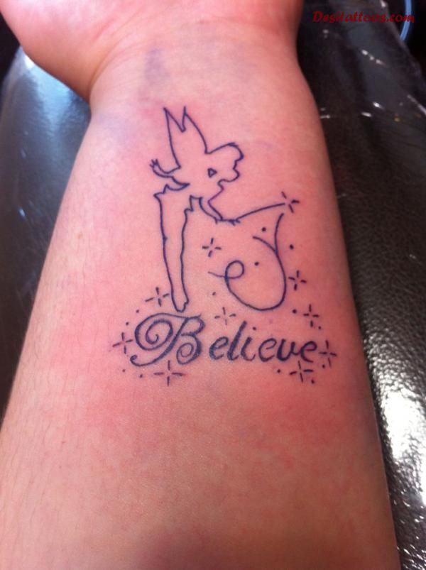 Believe - Black Outline Tinkerbell Tattoo Design For Forearm