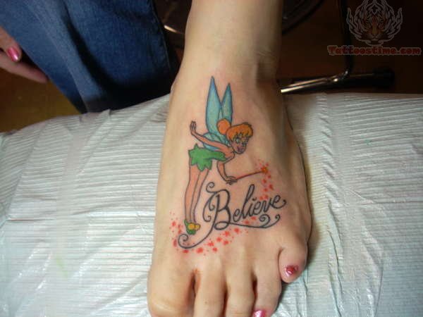 Believe - Colorful Tinkerbell Tattoo On Girl Foot