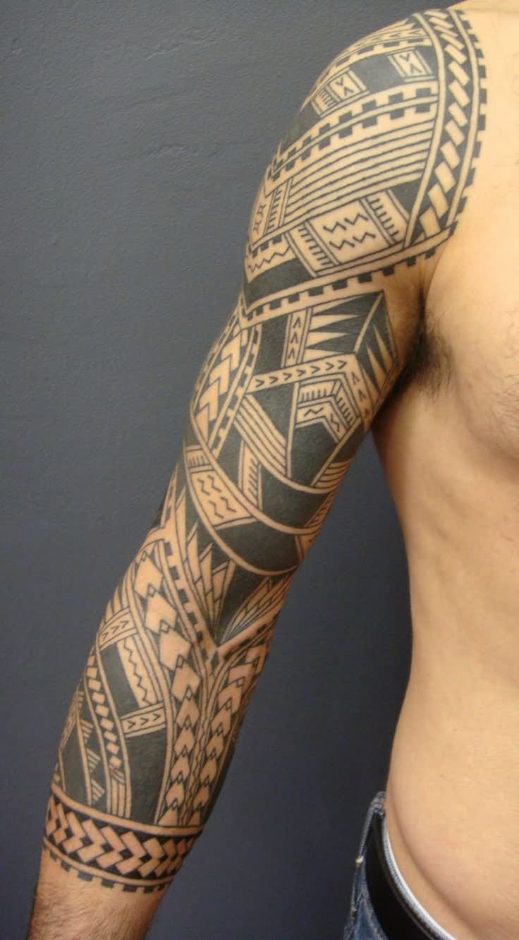 Black Ancient Hawaiian Design Tattoo On Full Sleeve
