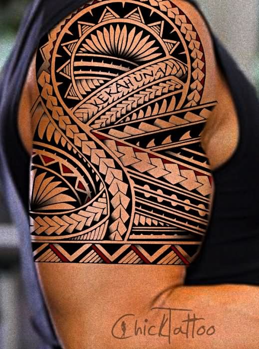Black Ancient Hawaiian Design Tattoo On Shoulder