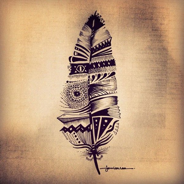 Black And Grey Ancient Hawaiian Feather Tattoo Design