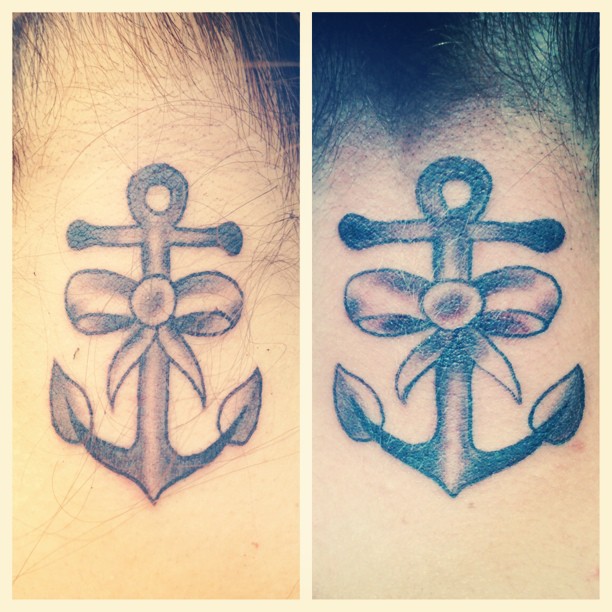Black And Grey Friendship Anchor Tattoo On Back Neck