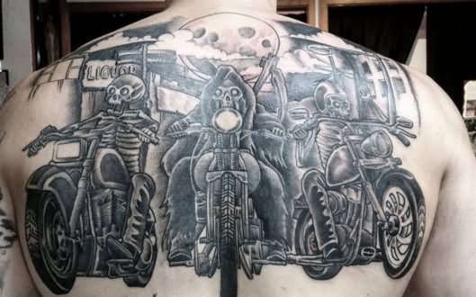 Black And Grey Ink Motorcycle Tattoos On Man Upper Back