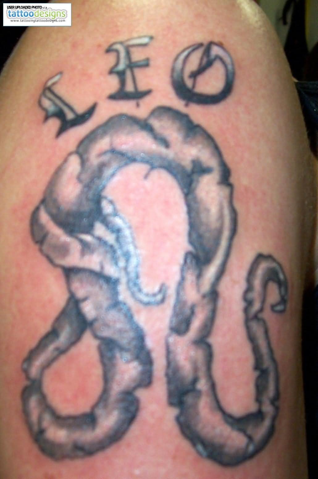 Black And Grey Leo Symbol Tattoo Design For Arm