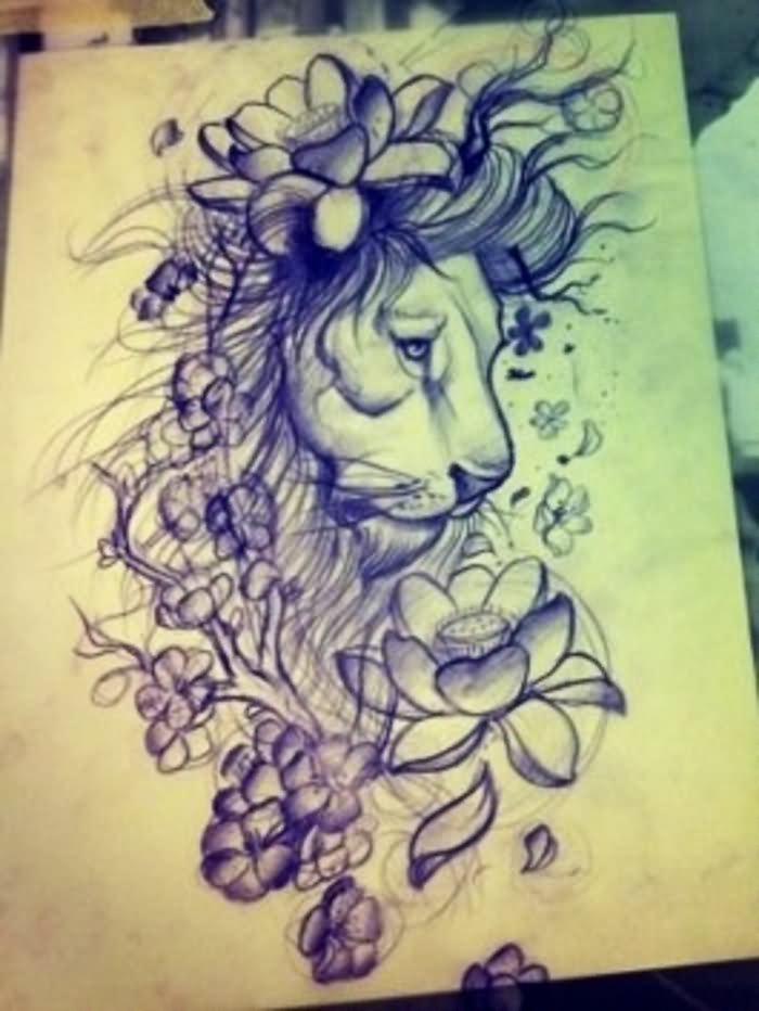 Black And Grey Leo With Flowers Tattoo Design For Sleeve