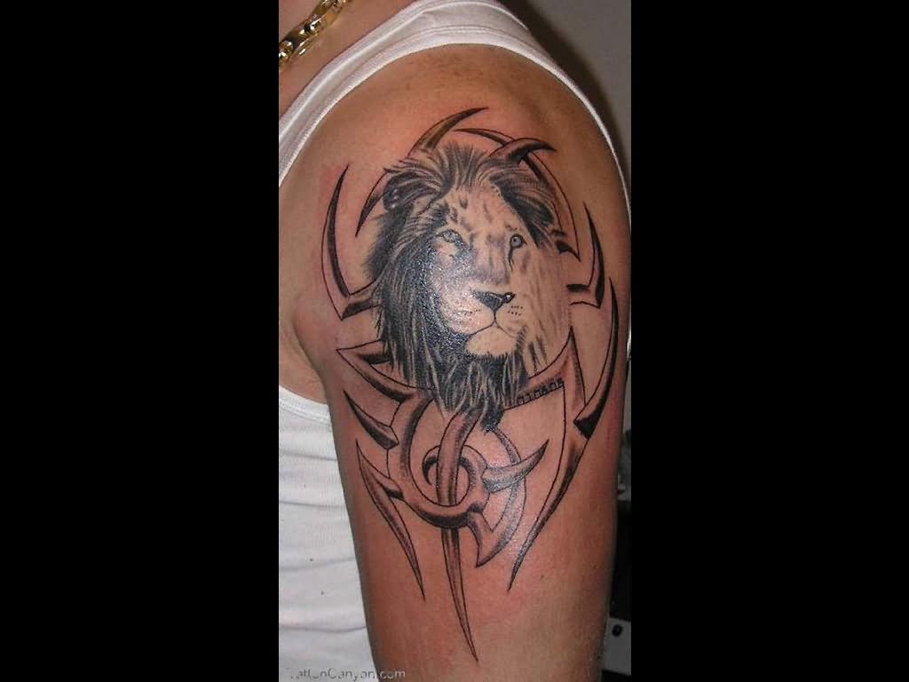 Black And Grey Tribal Leo Tattoo On Left Half Sleeve