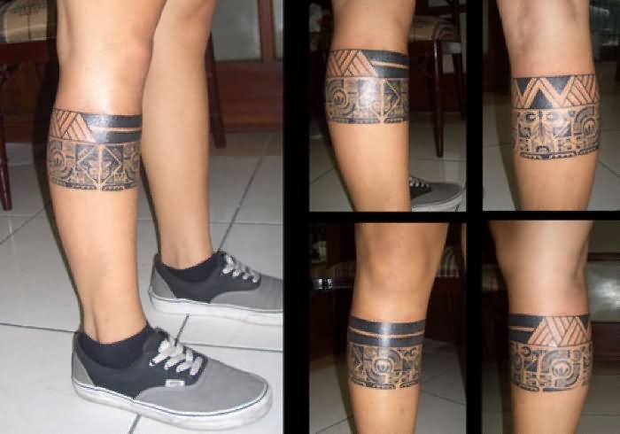 Black Hawaiian Band Tattoo On Leg Calf