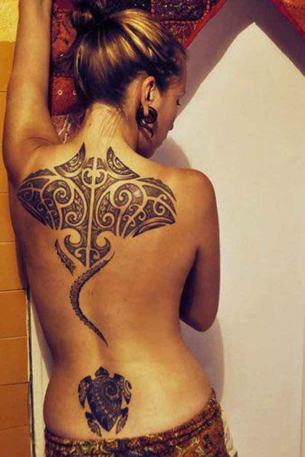 Black Hawaiian Stingray And Turtle Tattoo On Girl Back