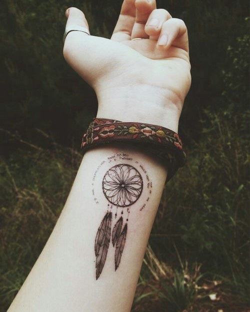 Black Hippie Dreamcatcher Tattoo On Girl Wrist