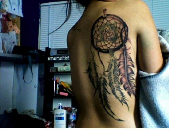 Black Hippie Dreamcatcher Tattoo On Right Back Shoulder