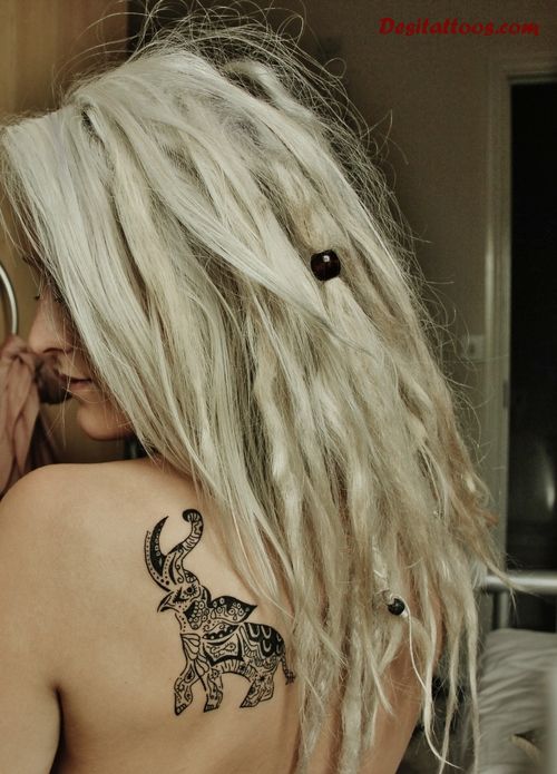 Black Hippie Elephant Tattoo On Girl Left Back Shoulder