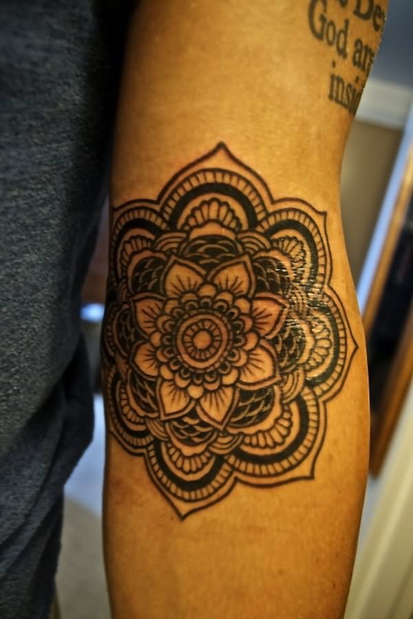 Black Hippie Flower Tattoo Design For Elbow