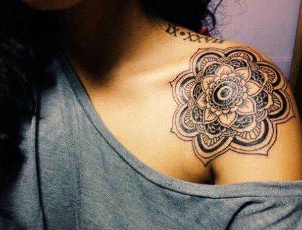 Black Hippie Flower Tattoo Design For Shoulder