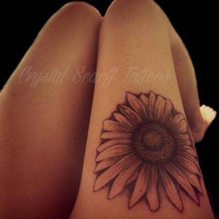 Black Hippie Flower Tattoo Design For Thigh