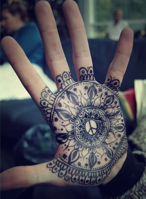 Black Hippie Flower Tattoo On Hand Palm